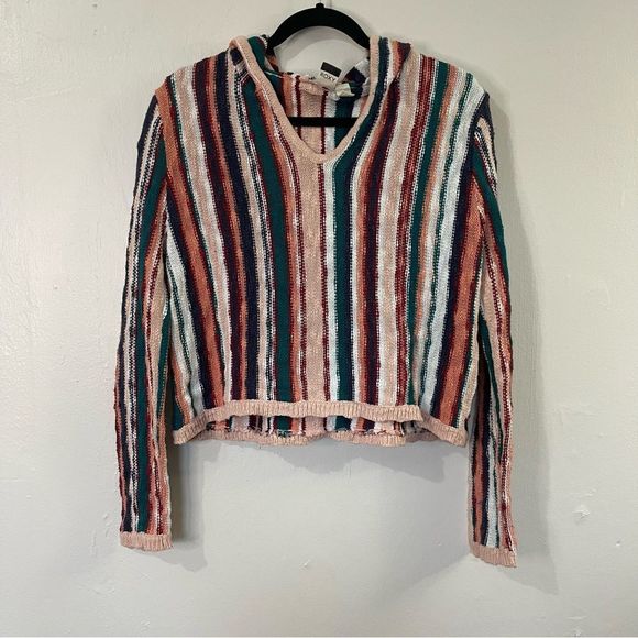 Roxy Tilly’s Exclusive Pink Teal White Red Vertical Striped Hooded Knit Sweater - Picture 6 of 16